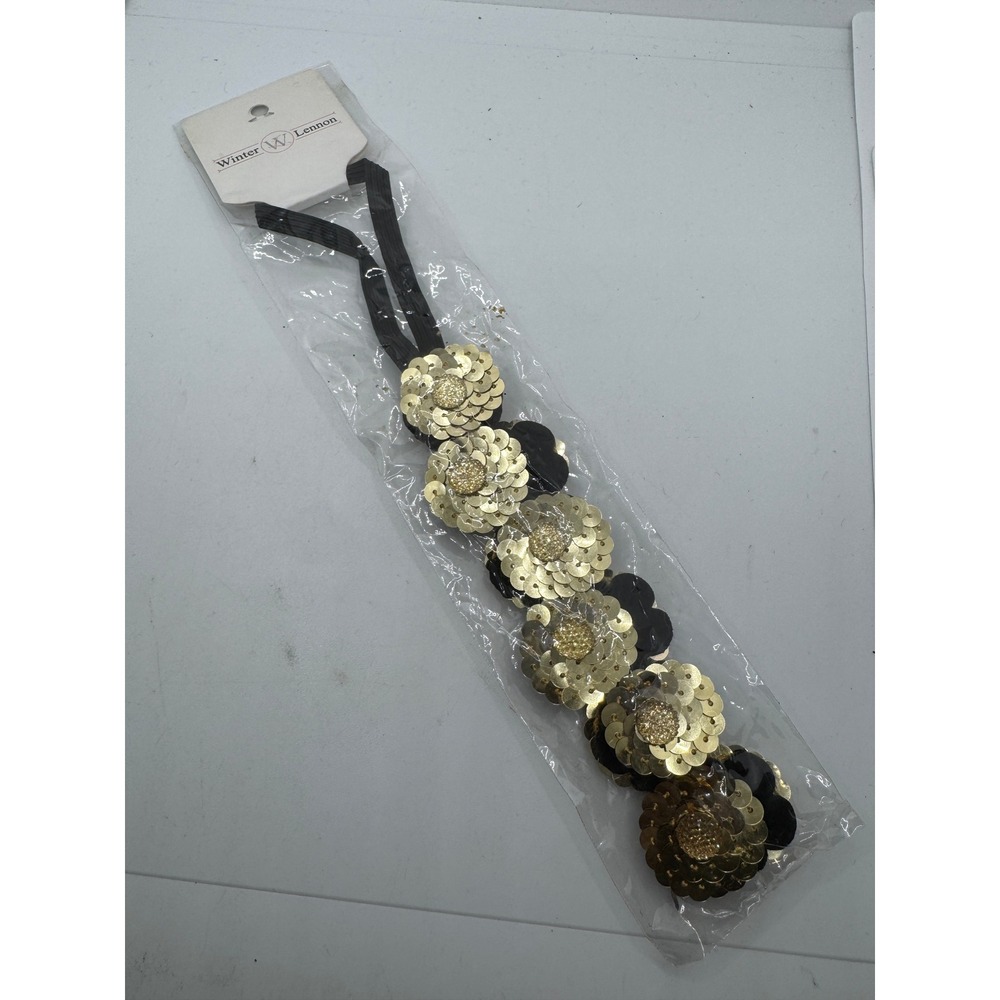 Winter Lennon Gold Sequin Floral Elastic Headband Black Sparkly Hair Accessory